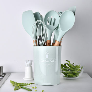 Clovoshop Silicone Kitchenware Set With Wooden Handle – Heat Resistant