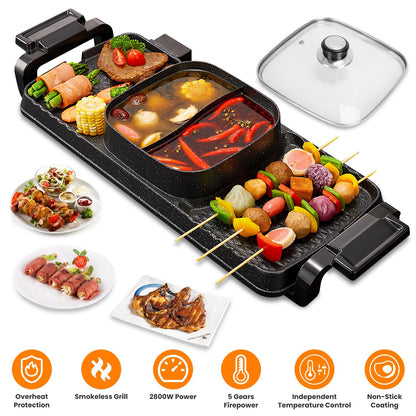 Clovoshop 2 In 1 Electric Hot Pot With Grill – Smokeless & Non-Stick BBQ