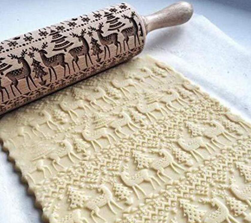 Clovoshop Rolling Pin Christmas Embossing – Non-Stick Wooden Pin for Baking
