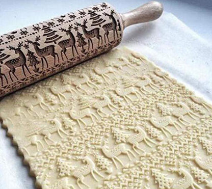 Clovoshop Rolling Pin Christmas Embossing – Non-Stick Wooden Pin for Baking