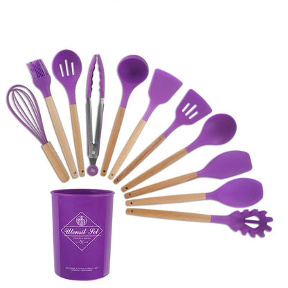Clovoshop Silicone Kitchenware Set With Wooden Handle – Heat Resistant