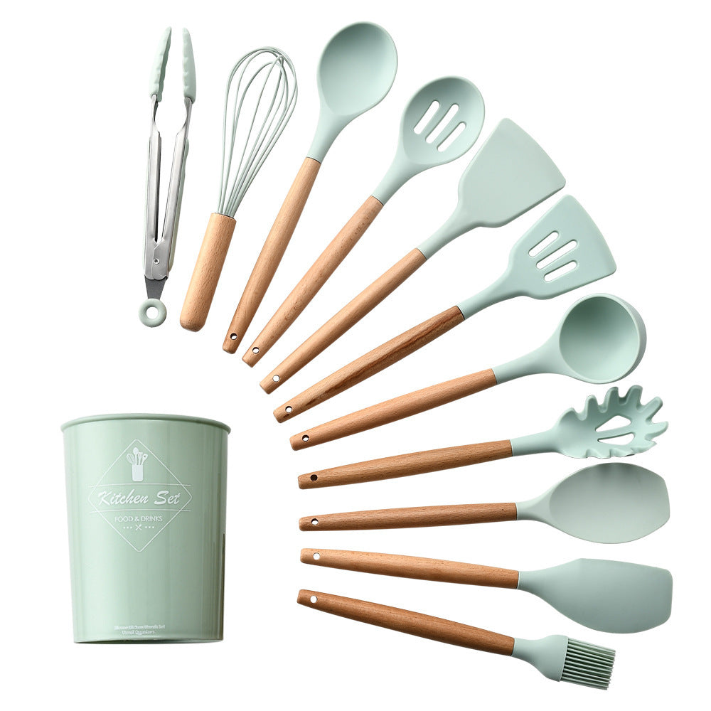 Clovoshop Silicone Kitchenware Set With Wooden Handle – Heat Resistant