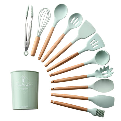 Clovoshop Silicone Kitchenware Set With Wooden Handle – Heat Resistant