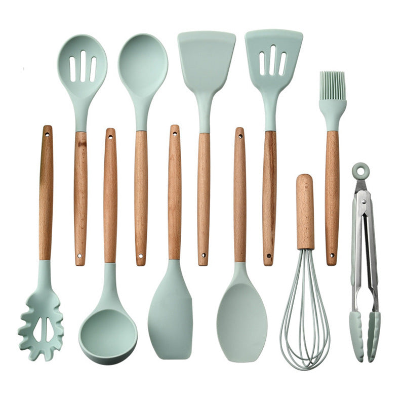 Clovoshop Silicone Kitchenware Set With Wooden Handle – Heat Resistant