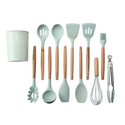 Clovoshop Silicone Kitchenware Set With Wooden Handle – Heat Resistant