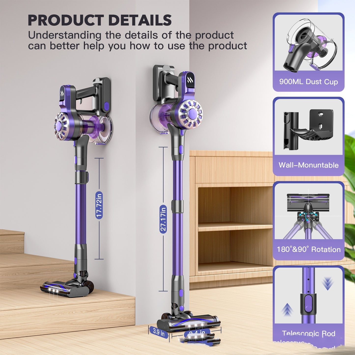 Clovoshop Household Small Portable Telescopic Vacuum Cleaner – 150W, Purple