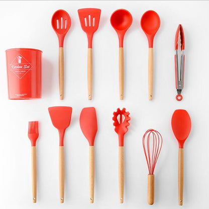 Clovoshop Silicone Kitchenware Set With Wooden Handle – Heat Resistant