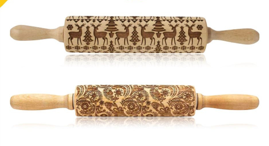 Clovoshop Rolling Pin Christmas Embossing – Non-Stick Wooden Pin for Baking