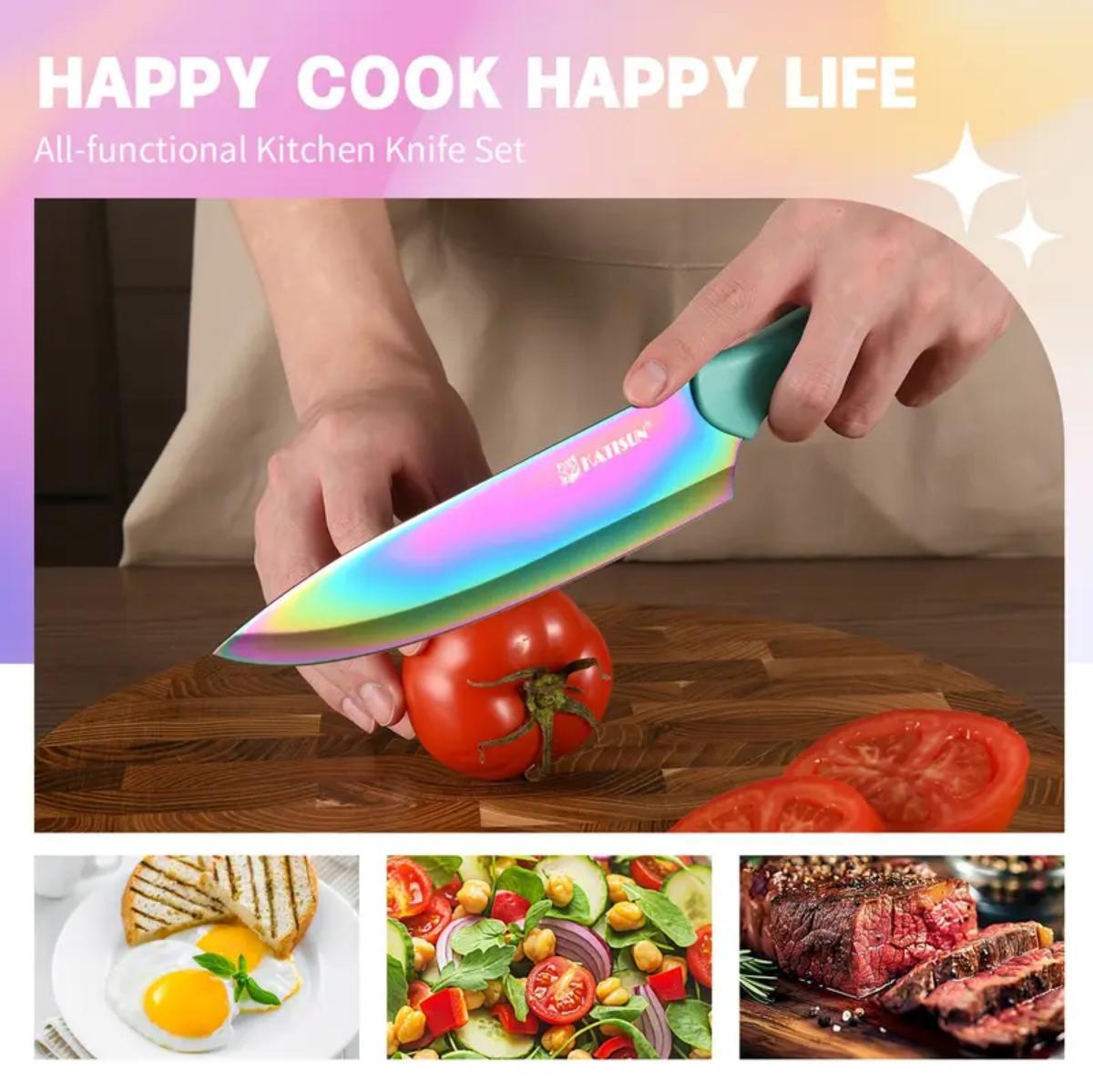 Clovoshop 14-Piece Rainbow Titanium Coated Kitchen Knife Set