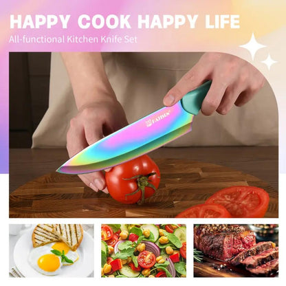 Clovoshop 14-Piece Rainbow Titanium Coated Kitchen Knife Set
