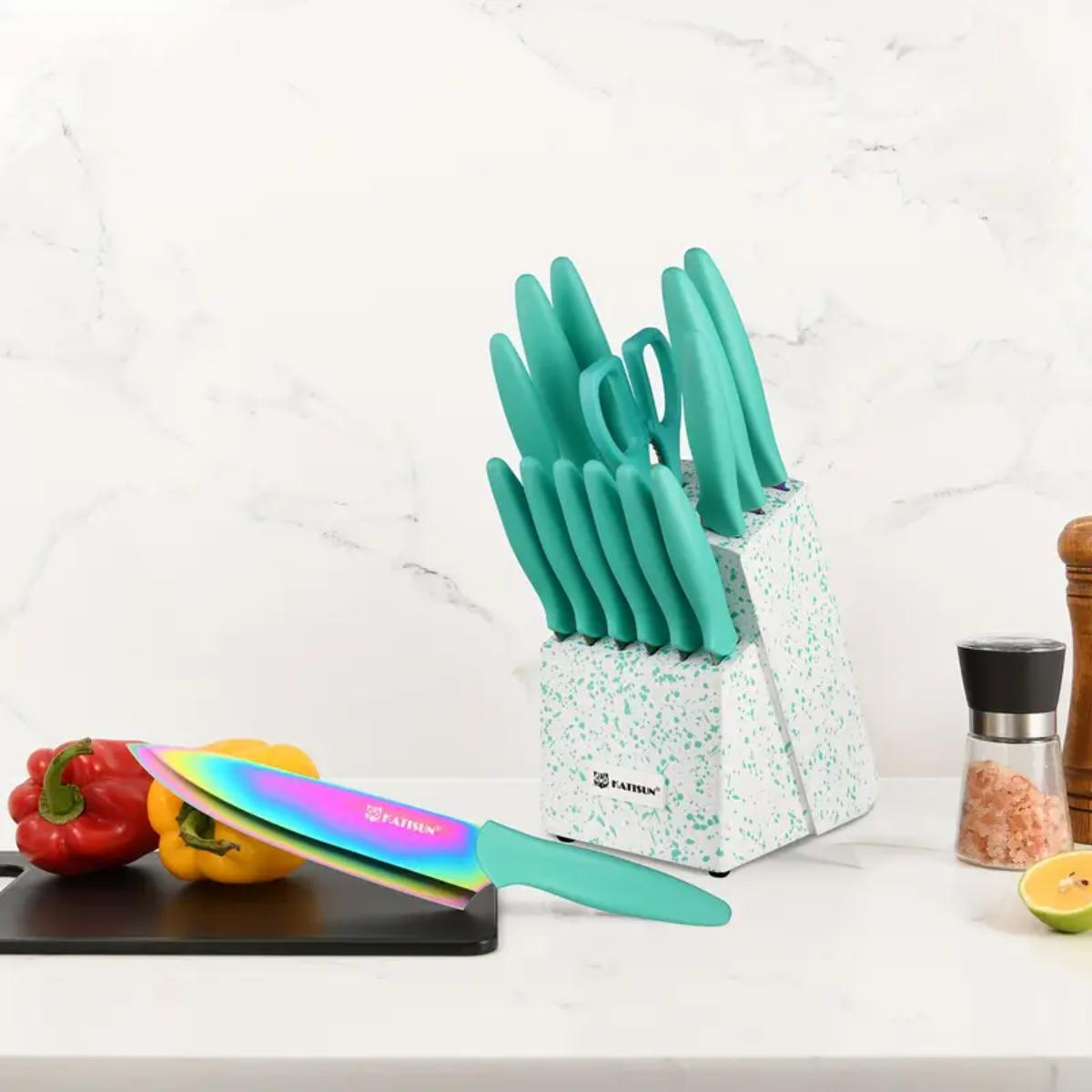 Clovoshop 14-Piece Rainbow Titanium Coated Kitchen Knife Set
