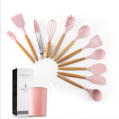 Clovoshop Silicone Kitchenware Set With Wooden Handle – Heat Resistant