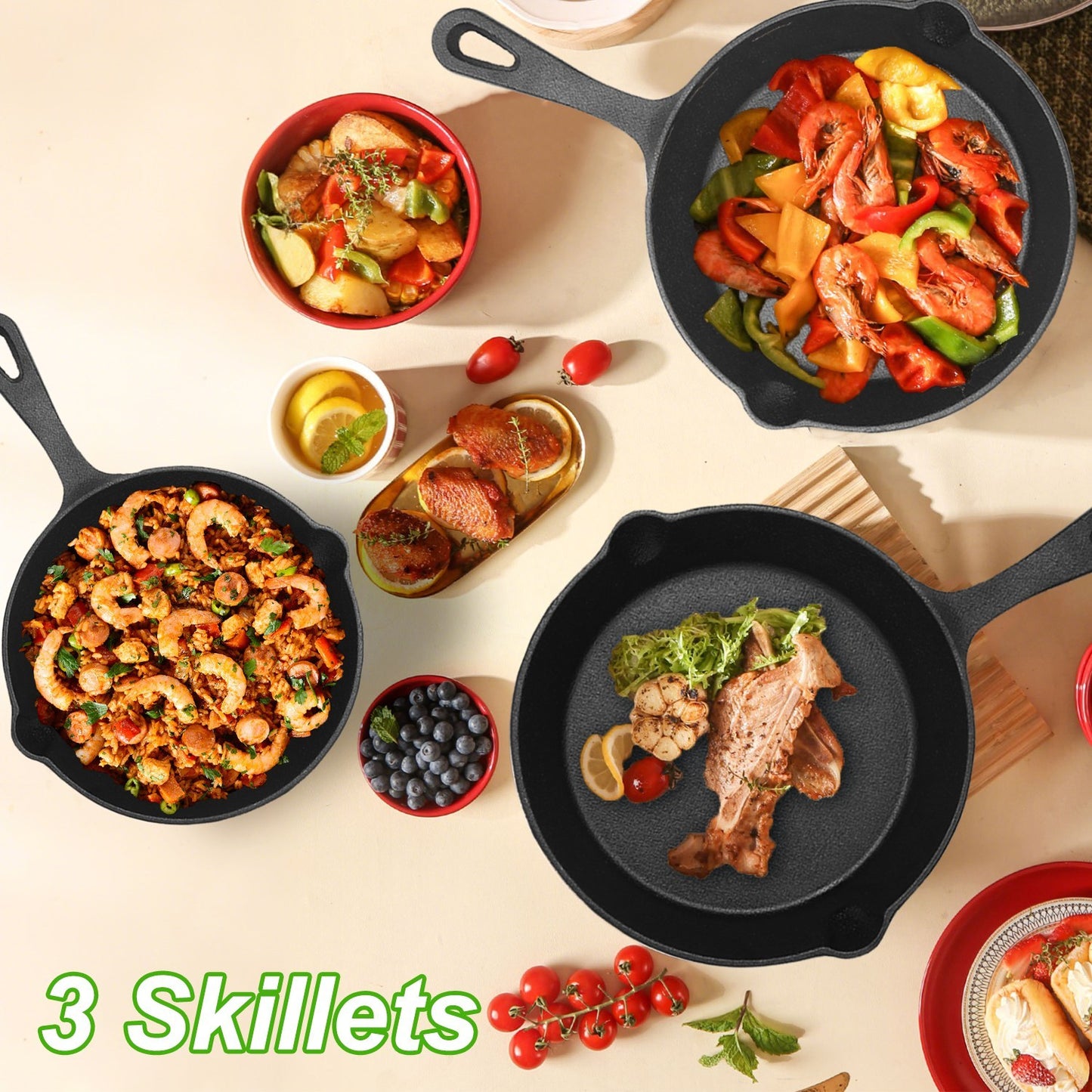 Clovoshop 3pcs Pre-Seasoned Cast Iron Skillets Set – 8", 10", & 12" Frying Pans