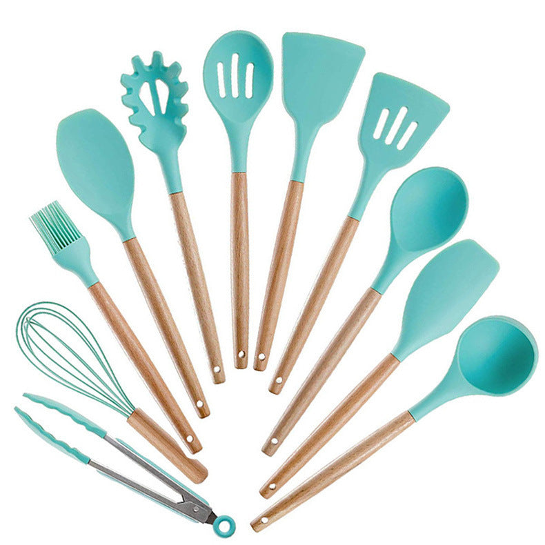 Clovoshop Silicone Kitchenware Set With Wooden Handle – Heat Resistant