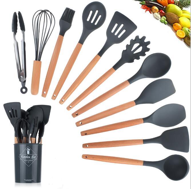 Clovoshop Silicone Kitchenware Set With Wooden Handle – Heat Resistant