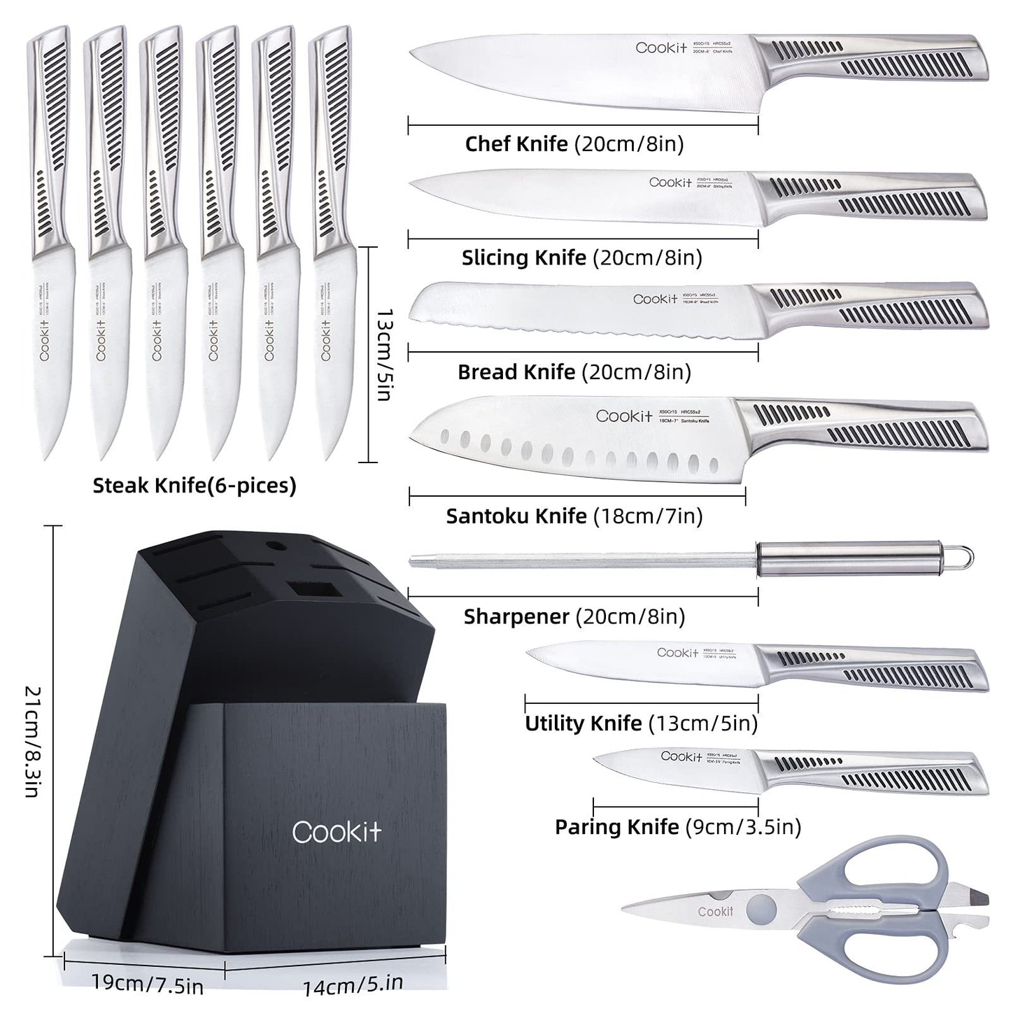Clovoshop 15-Piece Kitchen Knife Set with Block & Chef Knives