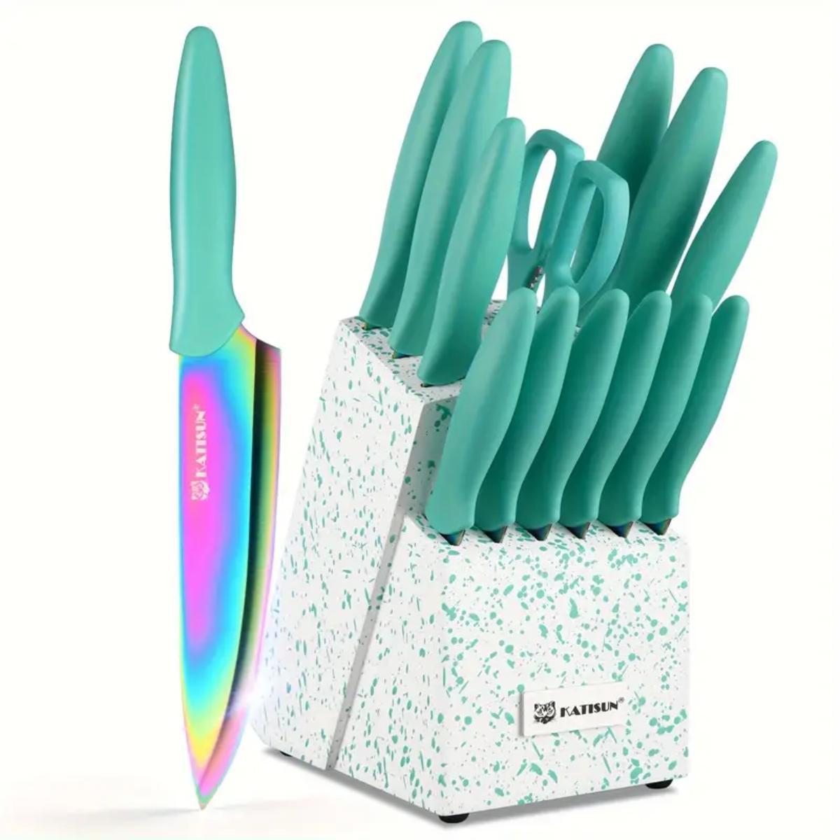 Clovoshop 14-Piece Rainbow Titanium Coated Kitchen Knife Set