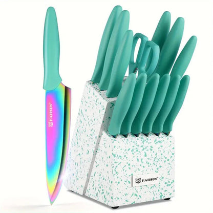 Clovoshop 14-Piece Rainbow Titanium Coated Kitchen Knife Set